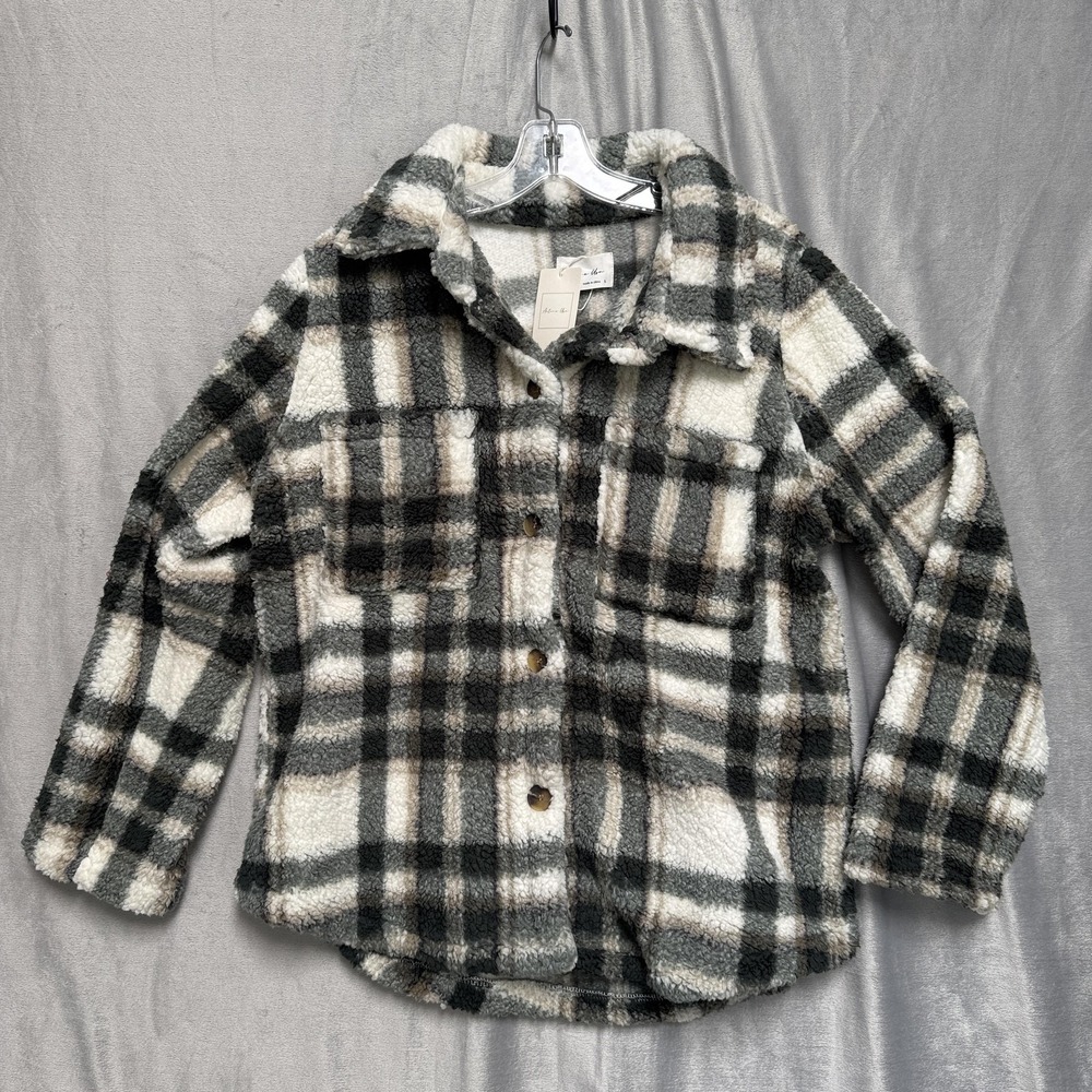 Active USA Jacket Womens‎ Large Gray Black Plaid Sherpa Fleece Button Up Shacket
